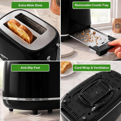 2 Slice Retro Stainless Steel Toaster with Bagel, Cancel, Defrost Function and 6 Bread Shade Settings Bread Toaster, Extra Wide Slot and Removable Crumb Tray (Black)