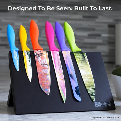CHEF'S VISION Landscape Kitchen Knife Set – 6-Piece Stainless Steel Knives with Non-Stick Coating, Dishwasher Safe, Nature Design, Unique Gift for Nature Lovers