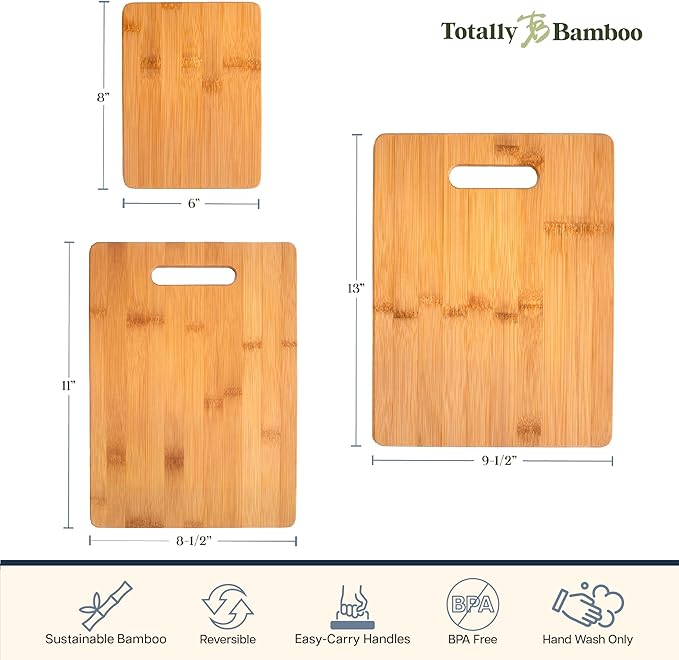Totally Bamboo 3-Piece Bamboo Cutting Board Set, Wood Cutting Boards for Kitchen, Reversible Chopping Boards in Small, Medium, and Large Sizes