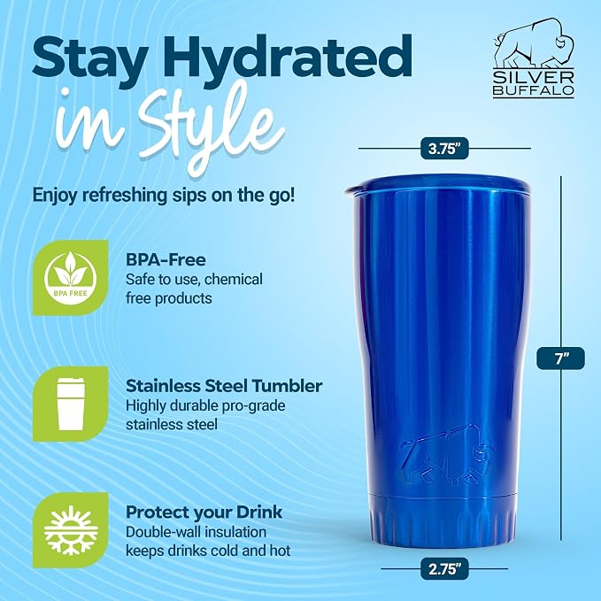Silver Buffalo Double Walled Vacuum Insulated Stainless Steel Tumbler With Easy Sip Lid Keeps Hot and Cold, Travel Coffee Mug Clear Lid, 20 Ounces, Blue