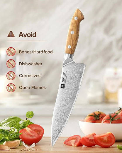 XINZUO Gyuto Chef Knife - 8.3 Inch Kitchen Knife 3 Layer 10Cr15Comov Steel Core High Carbon Steel Blade, Sharp Cutting Knife With Olive Wood + Stainless Steel Rivet Handle