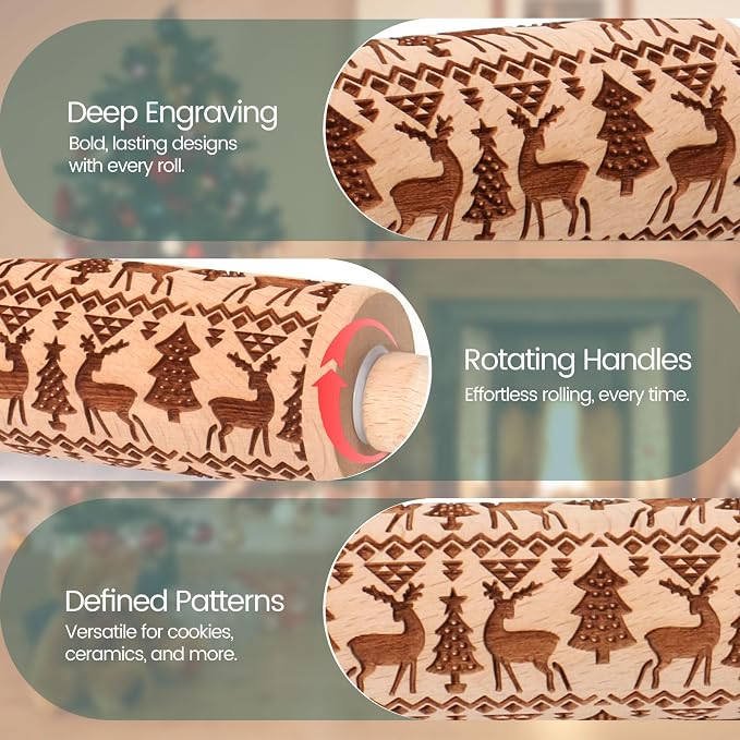 Christmas Embossed Rolling Pin for Baking Cookies Embossing Rolling Pins with Design Wooden Engraved Springerle Roller Pin Animal Dough Patterned Clay Pottery Ceramic Bakers Women (Reindeer & Tree)