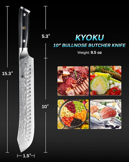 KYOKU 10″ Damascus Butcher Knife for Meat Cutting,UPGRADED Breaking Knife with Silver PVD Coating for Professional Home Chefs,Sharp Bullnose Japanese Style VG10 Steel Meat Carving Knife for Kitchen