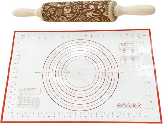 Wooden Rolling Pin & Pastry Mat Set, Engraved Dough Roller for Baking by HHTOAR
