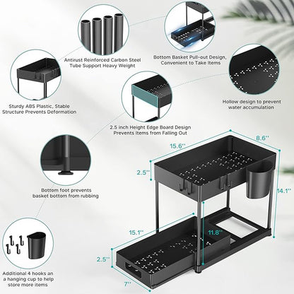 2 Pack Under Sink Organizer with Pull-Out Drawer, Black | 2-Tier Cabinet Storage, Kitchen & Bathroom, Tool-Free Assembly, Fits Cleaning Supplies & Toiletries, Space Saving