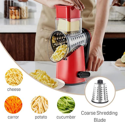 Weltonhm Rotary Cheese Graters with 4 Blades, Large Hand Crank Cheese Grater with Waffle Slicer, Red Cheese Shredder with Suction Base, Easier for Shredding & Grating (Red and black, 4 Graters)