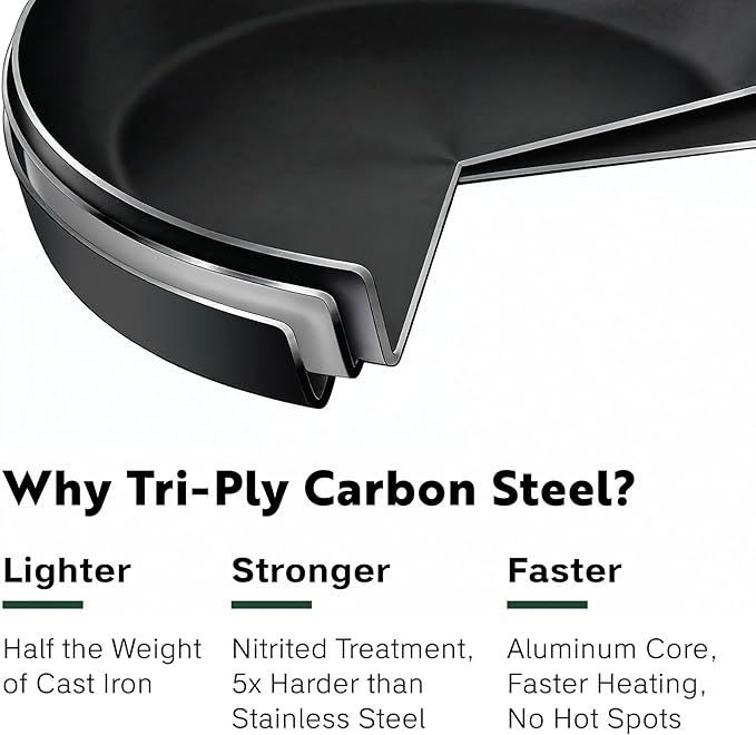 13 Inch Tri Ply Carbon Steel Wok Pan - Naturally Nonstick, Nitrided Carbon Steel - Lightweight, Non Toxic Cookware, No Coatings - Induction Wok, Oven, Outdoor Grill Cooking