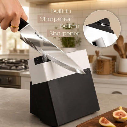 Astercook Knife Set, Kitchen Knives with Block and Sharpener 15 Pcs German Stainless Steel Knives Sharp Blade Dishwasher Safe Deba Knives with Ergonomic Handle, Elegant Black