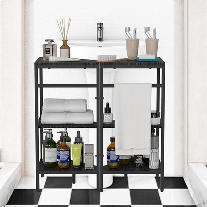CADUKE Under Pedestal Sink Shelf, 2 Pack Under Sink Organizers and Storage, 3-Tier Pedestal Under Sink Storage Bathroom Vanity, Corner Shelf Stand for Bathroom, Kitchen, Living Room, Black