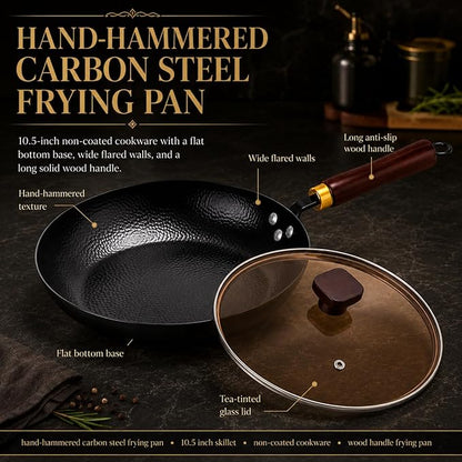 Calmabode 10.5” Hand-Hammered Carbon Steel Skillet with Glass Lid | Pre-seasoned coating-free carbon steel, flared rim, flat bottom, induction compatible, ideal for steak, eggs and searing