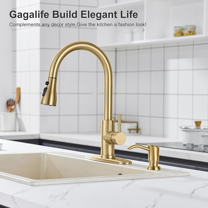 GAGALIFE Built in Counter Soap Dispenser for Kitchen Sink and Soap Dispenser Extension Tube, Anti-Leakage Upgrade with 40" Soap Tube No More Top Refill, Brushed Gold