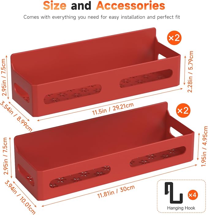 Sevenblue 4 Pack Strong Magnetic Spice Rack for Refrigerator, Multipurpose Magnetic Shelf for Fridge with 4 Hooks for kitchen and Bathroom Organization, Red
