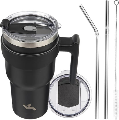 Konokyo 30 oz Tumbler with Handle and 2 Straw 2 Lid, Insulated Water Bottle Stainless Steel Vacuum Cup Reusable Travel Mug,Black