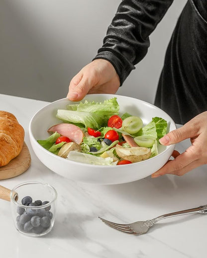 Pasta Bowls Set of 2, 34 oz Deep Salad Bowls, Stoneware Bowl Plates for Pasta, Soup, Salad, Ceramic Serving Shallow Bowls for Kitchen Gift, Microwave & Dishwasher Safe, Matte White