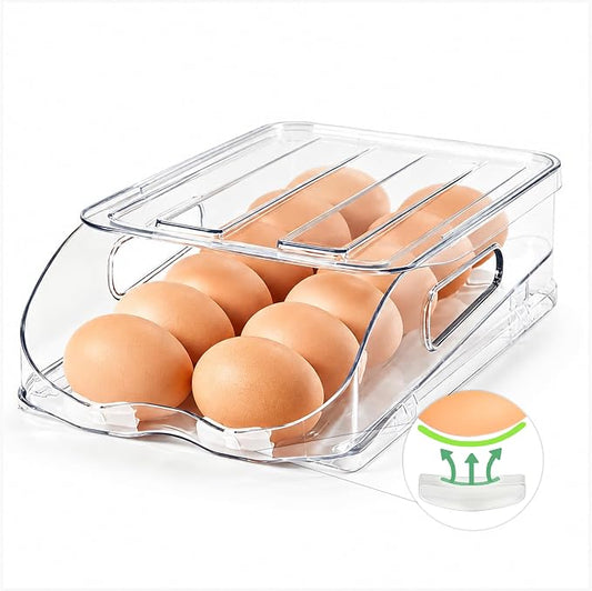 SMRCAD Egg Holder for Fridge, Automatic Steady Rolling Egg Container with Soft Bumpers & Handle for Refrigerator, Stackable Fridge Organizers and Storage with Lid