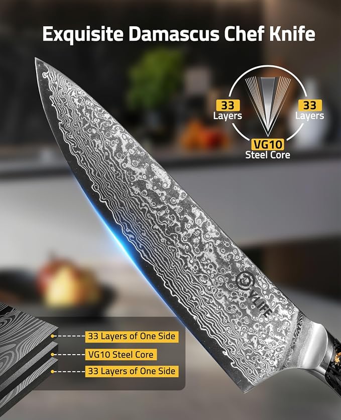 CVLIFE Chef Knife, 8 Inch Damascus Knife with Japanese High Carbon 10Cr15Mov Core, Full Tang Ergonomic Handle for Balance & Control, Razor Sharp Kitchen Knife for Cooking with Sheath & Box