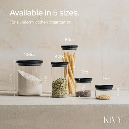 KIVY Airtight Glass Jars with Lids & Labels [3x 40oz] Stackable Glass storage jars with airtight lids - Glass Jars with airtight lid - Food Glass canisters with air tight lids - Pantry containers