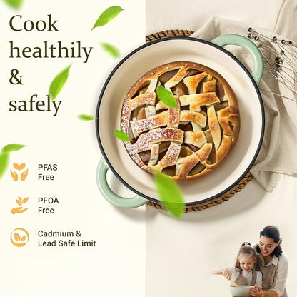 Overmont Enameled Cast Iron Dutch Oven - 4.5QT Pot with Lid Cookbook & Cotton Potholders - Heavy-Duty Cookware for Braising, Stews, Roasting, Bread Baking Verdant