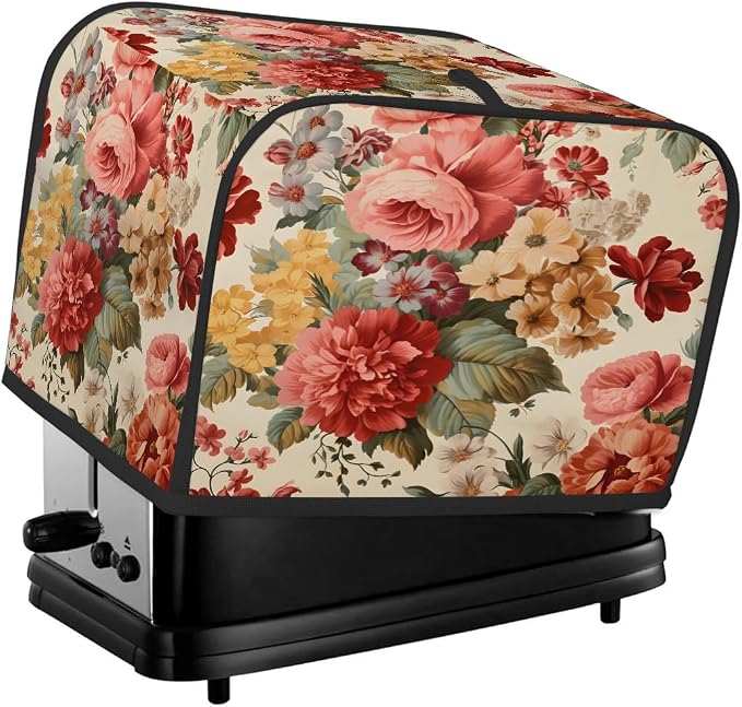 4 Slice Flower Peony Colorful Vintage Toaster Cover Waterproof Dust Fingerprint Bread Machine Cover Washable Kitchen Appliance Protector For Home Kitchen Bakeware Table Decor Women Gifts