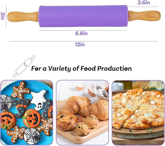Koogel Rolling Pin for Baking, 12 Inch Non-Stick Silicone Surface, Wooden Handle Rolling Pin for Baking Pies, Pastry, Cookies, Kitchen Essential