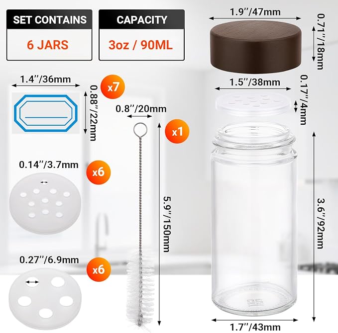 Segarty 3oz Spice Jar with Wood Lids, 6 Pack 90ml Glass Round Condiment Jars with Lids, Clear Empty Seasoning Containers Cereal Containers Storage Set, Small Spices Bottles with 7 Stickers, 1 Brush