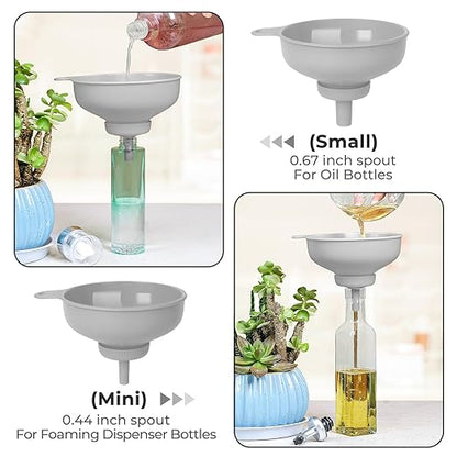 Pisol Wide Mouth Versatile Funnel, Canning Funnels for Kitchen Use, Food Grade Plastic Cooking Funnel Set with 4 Size Spouts and 2 Strainers for Filling Different Bottles and Bags, Grey