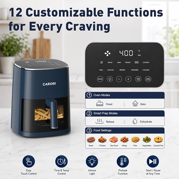 CARORI 6 Qt Air Fryer with Viewing Window, 12 Presets, 1700W, 400°F Max, Large Nonstick Dishwasher-Safe Basket, Bake, Roast, Reheat, Dehydrate, Blue