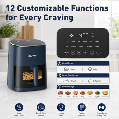 CARORI 6 Qt Air Fryer with Viewing Window, 12 Presets, 1700W, 400°F Max, Large Nonstick Dishwasher-Safe Basket, Bake, Roast, Reheat, Dehydrate, Blue
