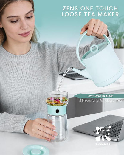 ZENS Modern Glass Tea Infuser Teapot, Smart One Touch Tea Maker for Loose Tea Diffusers with Insulated Mug and Cute Portable Tea Kits for Tea Lover Gifts