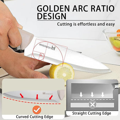 Knife Set, Howashin 6-Piece Khaki Professional Stainless Steel Knives for Kitchen with Universal Knife Block - Non-Stick Sharp Blade Chef Knife Set with Cylindrical Knife Block for Gift.