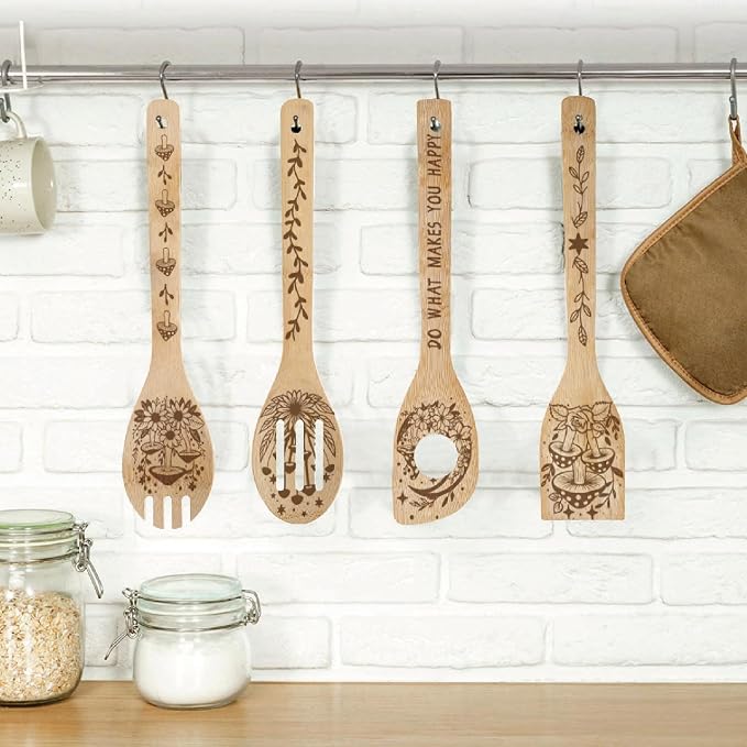 6Pcs 6 Styles Mushroom Cooking Utensils Bamboo Kitchen Spoons 2.4 x 11.8 Inch Moon Star Flower Durable Wooden Spoon Set for Men Women Housewarming Birthday Decor Gift Apartment Essential