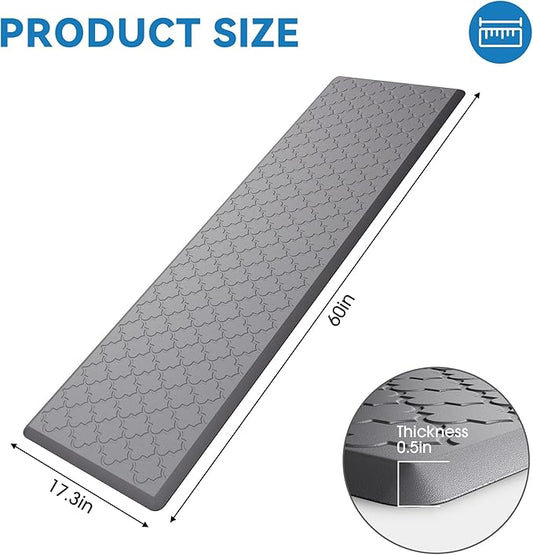 Kitchen Mat Cushioned Anti Fatigue for Floor, Non-Slip Waterproof Comfort Rug for Kitchen Sink, Standing Desk & Laundry, 17.3"x60", Grey