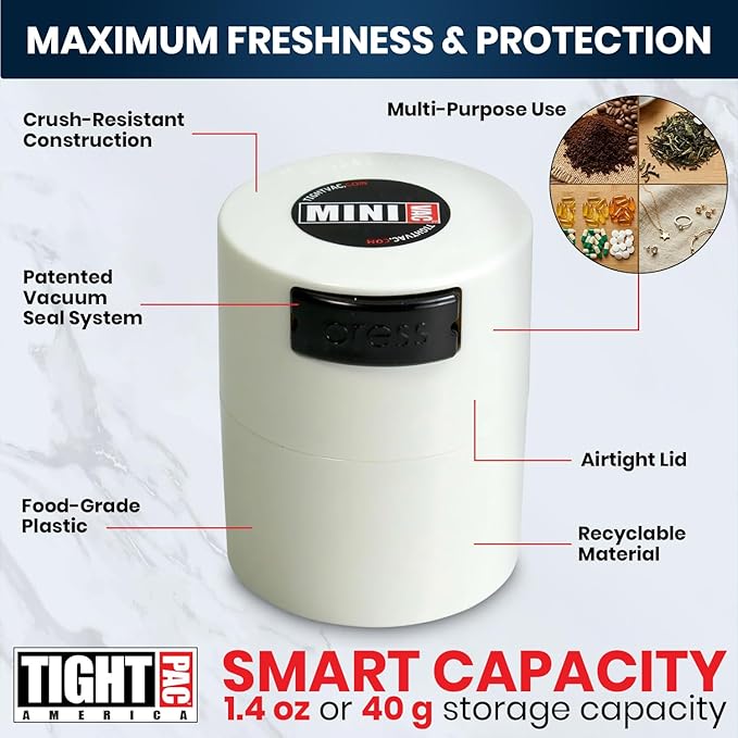 TIGHTPAC MINIVAC Portable Vacuum Seal Airtight Container – Keeps Coffee Beans, Grounds, Tea, Spices & Herbs Fresh Longer – Travel-Ready, NSF-Certified Food-Grade Storage, 10 to 30 Grams, White