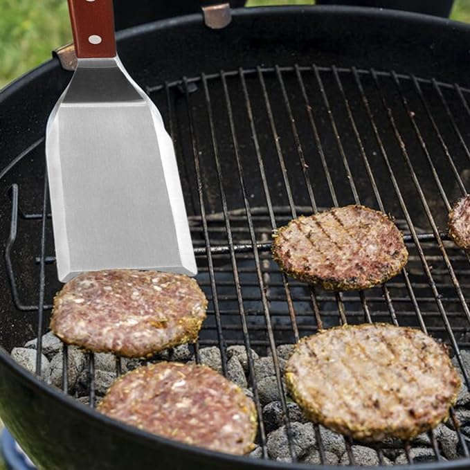 professional metal spatula Ideal for Cast Iron Skillets and Flat Top Grills, Full Tang Wooden Handle,1.8mm Thick Stainless Steel Blade, Perfect for Cooking, BBQ, Flipping Burgers, 5x3 inch