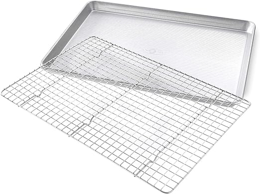 USA Pan 1607CR Bakeware Extra Large Sheet Baking Pan and Bakeable Nonstick Cooling Rack Set, XL, Metal & Bakeware Muffin Pan, 12-Well, Aluminized Steel