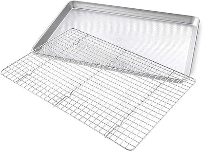USA Pan 1607CR Bakeware Extra Large Sheet Baking Pan and Bakeable Nonstick Cooling Rack Set, XL, Metal & Bakeware Muffin Pan, 12-Well, Aluminized Steel