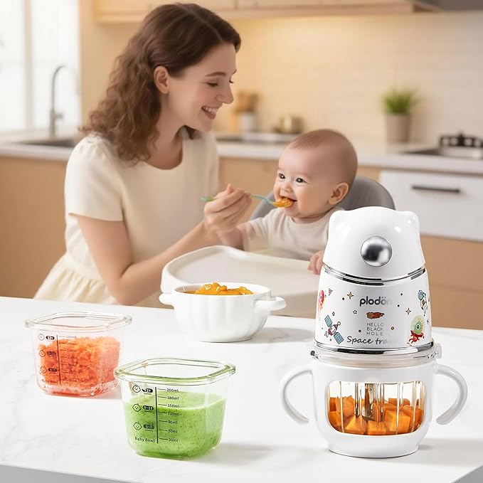 Baby Food Maker, 10oz Glass Baby Puree Blender with Cup Sleeve for Fruit,Vegatable&Meat, 316 Stainless Steel 8-Blade Mini Baby Food Processor with Brush,Strainer Plate&Spatula, Silver (35000RPM)