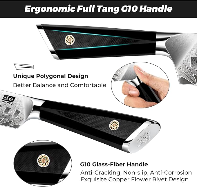 SHAN ZU Damascus Chef Knife Santoku Knife 7 Inch Professional Multifunction Kitchen Knives, 67 Layers Damascus Stainless Steel 10Cr15CoMoV Super Sharp Cooking Knife with G10 Handle/Gift Box