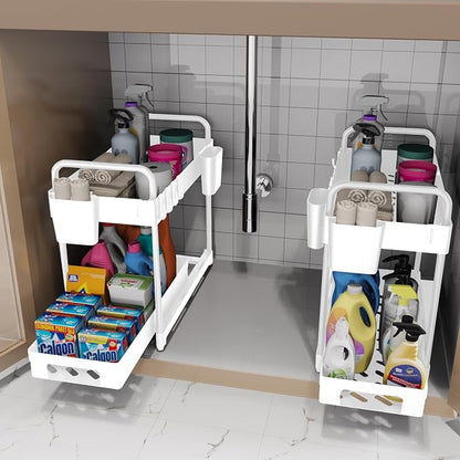 2 Pack Double-Layer Under Sink Organizer for Efficiently Utilizing Space, High Capacity and Space Saving, 2 Tier Sliding Under Sink shelf with 4 Hooks and a Cup Slot (White)
