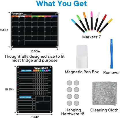 Black Magnetic Acrylic Dry Erase Calendar for Fridge, Monthly & Weekly/Chore Chart Planning Board Set for Kids/Adults/Teens, Includes 7 Colorful Markers, 16"x12"