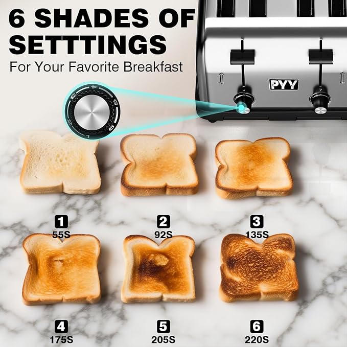 PYY Professional Commercial 4 Slice Toaster - 1800W Stainless Steel Heavy Duty Toaster, 6 Browning Levels, 1.57" Wide Slots, Removable Crumb Tray for Bagels Bread Waffles (Commercial & Home Use)