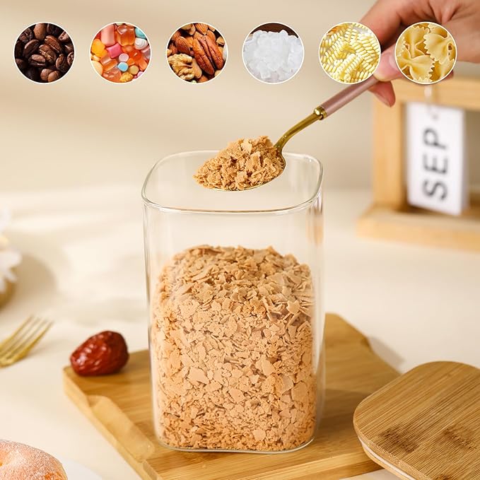3-Pack Square Glass Containers with Bamboo Lids, 32 fl oz/720ml Airtight Canister Set, Clean Elegant Storage Jars for Candy, Coffee, Tea, Sugar, Flour, Cookies, Spices