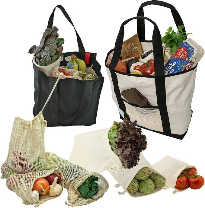 Simple Ecology Reusable Grocery Shopping 8 Bag Gift or Starter Set, Washable, Durable, Organic Cotton, Natural with Black