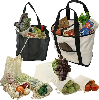 Simple Ecology Reusable Grocery Shopping 8 Bag Gift or Starter Set, Washable, Durable, Organic Cotton, Natural with Black