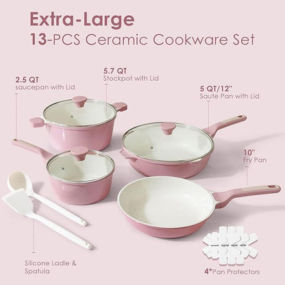 SENSARTE Nonstick Ceramic Cookware Set Large 13-Piece, Healthy Pots and Pans Set Dishwasher Safe, Non-toxic Kitchen Cooking Set with Stay-Cool Handles, Induction Compatible, PFAS Free, Pink