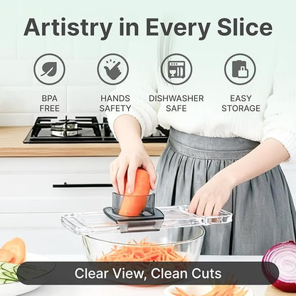ZKIRON Mandoline Slicer for Kitchen - 6-in-1 Multifunctional Vegetable Cutter with Transparent Body & Safe Hand Guard, Compact Stainless Steel Food Slicer for Salad, Potato, Onion