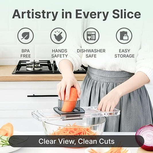 ZKIRON Mandoline Slicer for Kitchen - 6-in-1 Multifunctional Vegetable Cutter with Transparent Body & Safe Hand Guard, Compact Stainless Steel Food Slicer for Salad, Potato, Onion