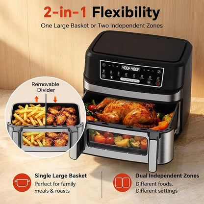 Emphsism 12QT Large Dual Zone Air Fryer with Divider, Match Cook & Smart Finish, Air Fry/Roast/Bake/Toast/Dehydrate/Reheat/Keep Warm/Preheat, Nonstick Dishwasher-Safe Basket, Digital Touchscreen