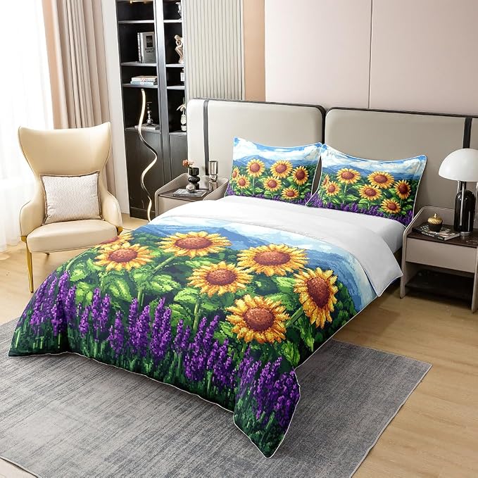 Castle Fairy Sunflower 100% Organic Cotton Comforter Cover (Not Comforter) Pixelated Style Duvet Cover Set Queen Size for Bedroom Video Games Bedding Set with 2 Pillowcases