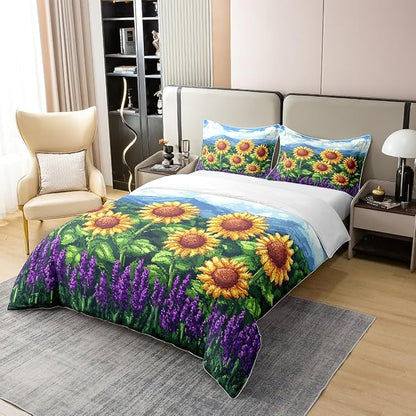 Castle Fairy Sunflower 100% Organic Cotton Comforter Cover (Not Comforter) Pixelated Style Duvet Cover Set Queen Size for Bedroom Video Games Bedding Set with 2 Pillowcases